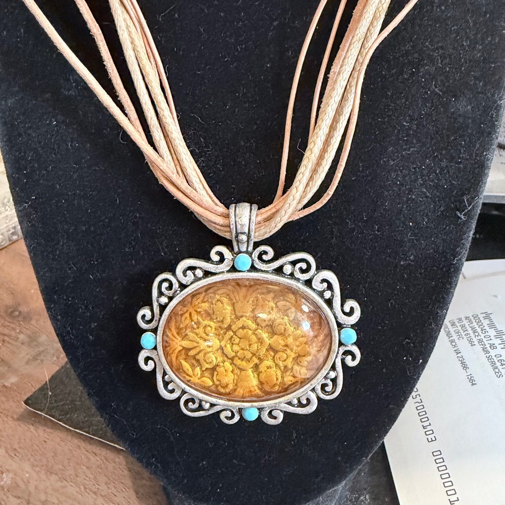Chico's Gold-Tone Floral Amber Pendant Necklace with Turquoise Accents